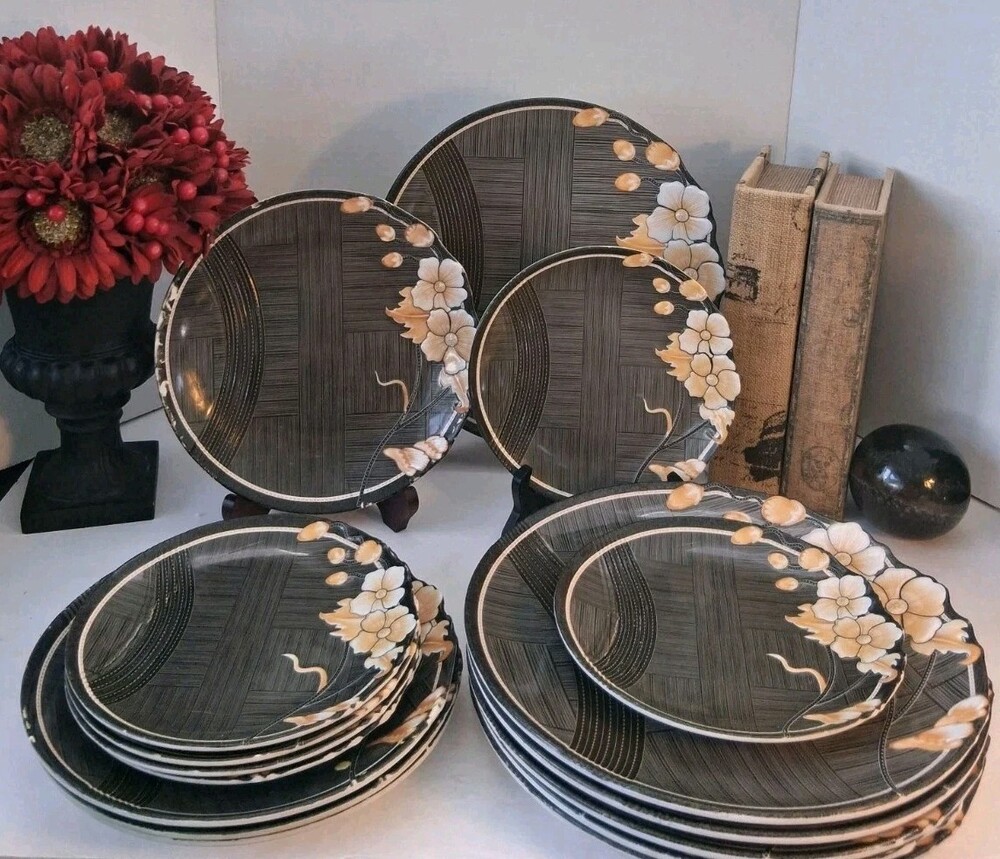 VTG 'Superior' Melamine 16 PC Dinner Set;Woven Cross Hatch+Cherry Blossom Design